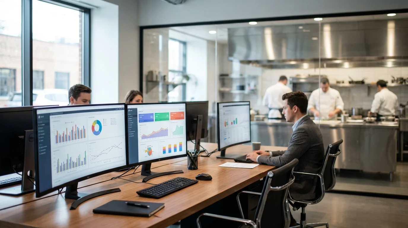 Ilustración para Gestión de Grupo: Business Intelligence en hostelería: cómo aplicarlo en grupos hosteleros y franquicias — plataforma Controliza HORECA