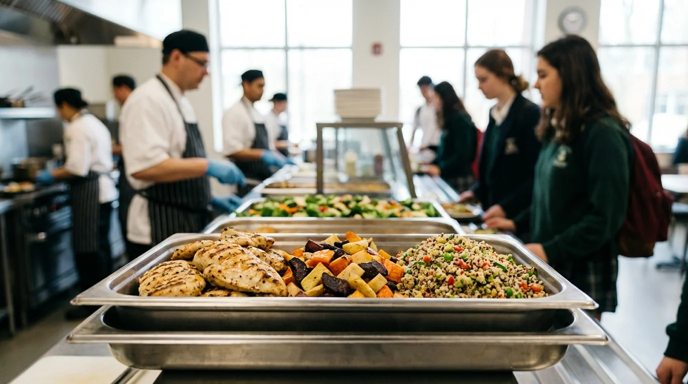 Ilustración para Colectividades: Comedores escolares: prediccion por menu ciclico y compliance — plataforma Controliza HORECA
