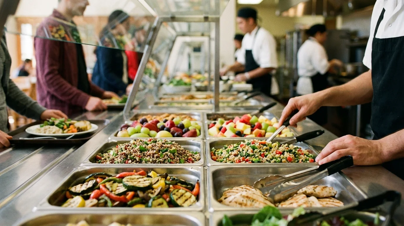 Illustration for Food Service: Social Dining Halls: Maximum Budget Efficiency — Controliza HORECA platform