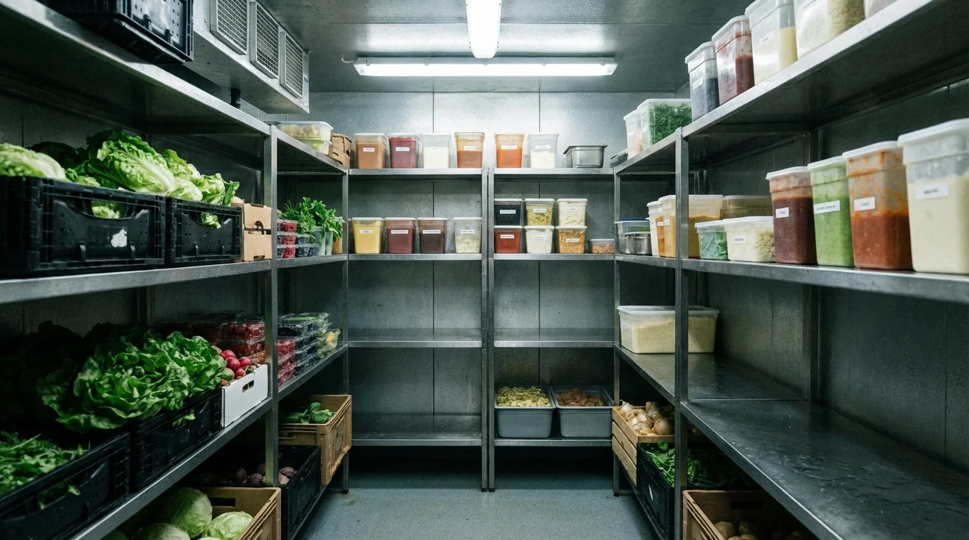 Restaurant walk-in cooler with shelves at varying stock levels, showing visible inventory gaps