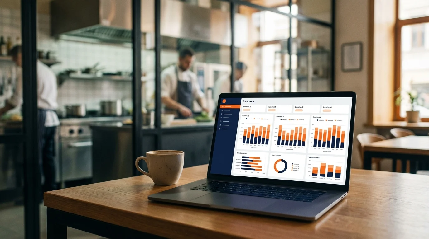 Multi-location inventory dashboard in Controliza showing stock comparison by location with orange and blue charts