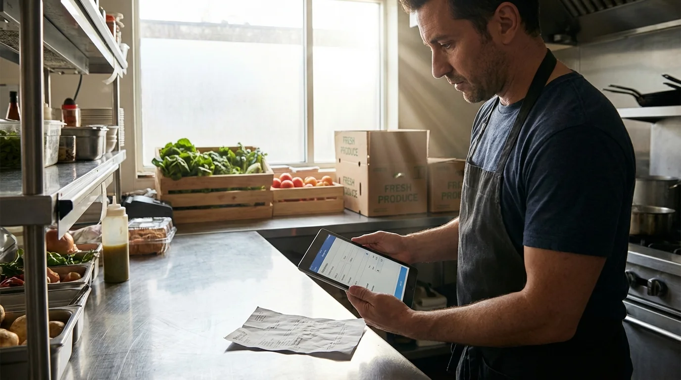 Tablet scanning a delivery note in a restaurant kitchen via OCR